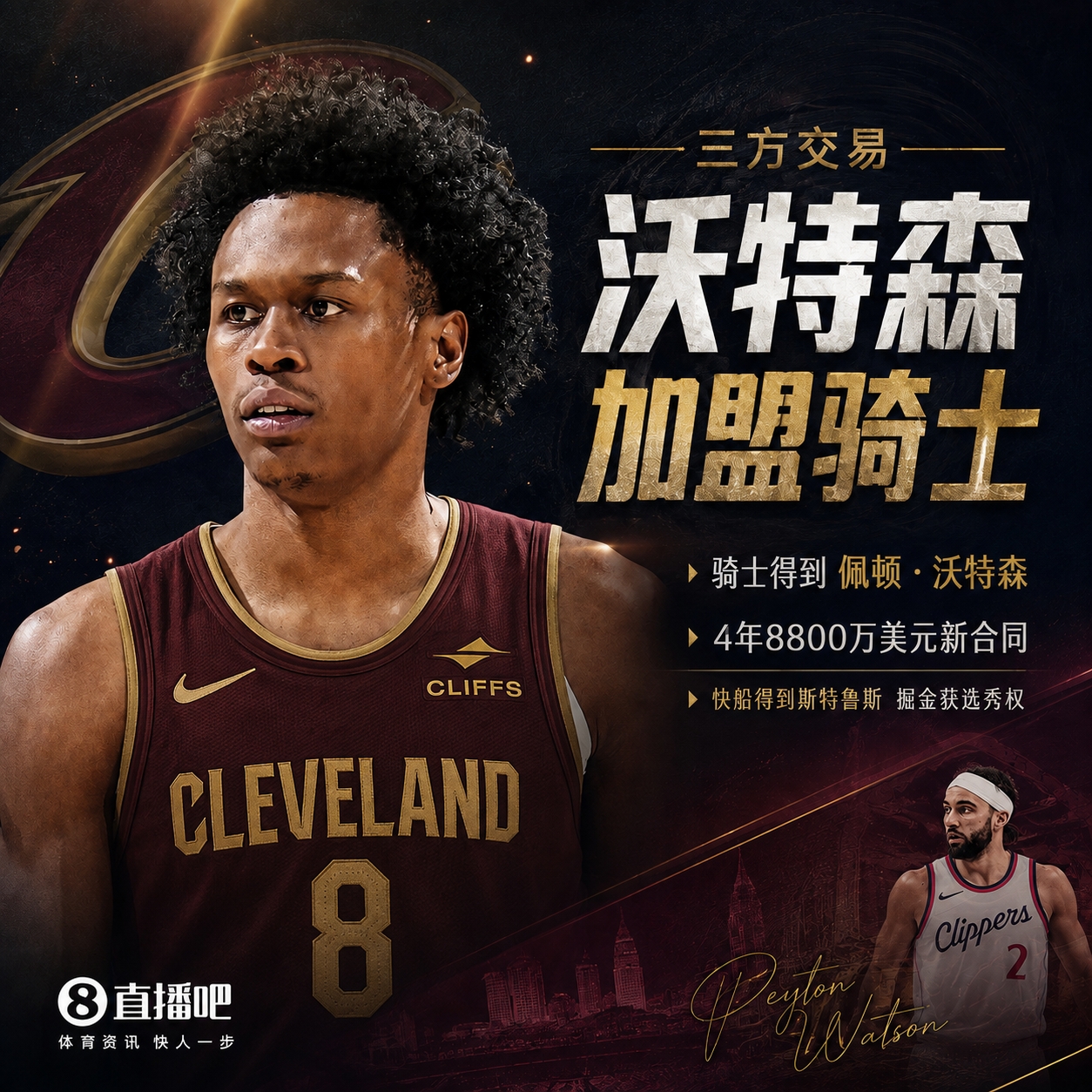 重磅！Shams：沃特森4年8800万三方交易加盟骑士！斯特鲁斯去快船
